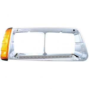 14 LED Headlight Bezel With Turn Signal For 1989-2009 Freightliner FLD - Passenger - Amber LED/Clear Lens, 32496