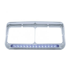14 LED Chrome Rectangular Dual Headlight Bezel With Visor - Blue LED/Clear Lens, 32574