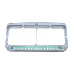 14 LED Chrome Rectangular Dual Headlight Bezel With Visor - Green LED/Clear Lens, 32575