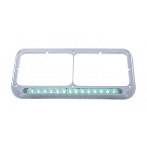 14 LED Chrome Rectangular Dual Headlight Bezel - Green LED/Clear Lens, 32578